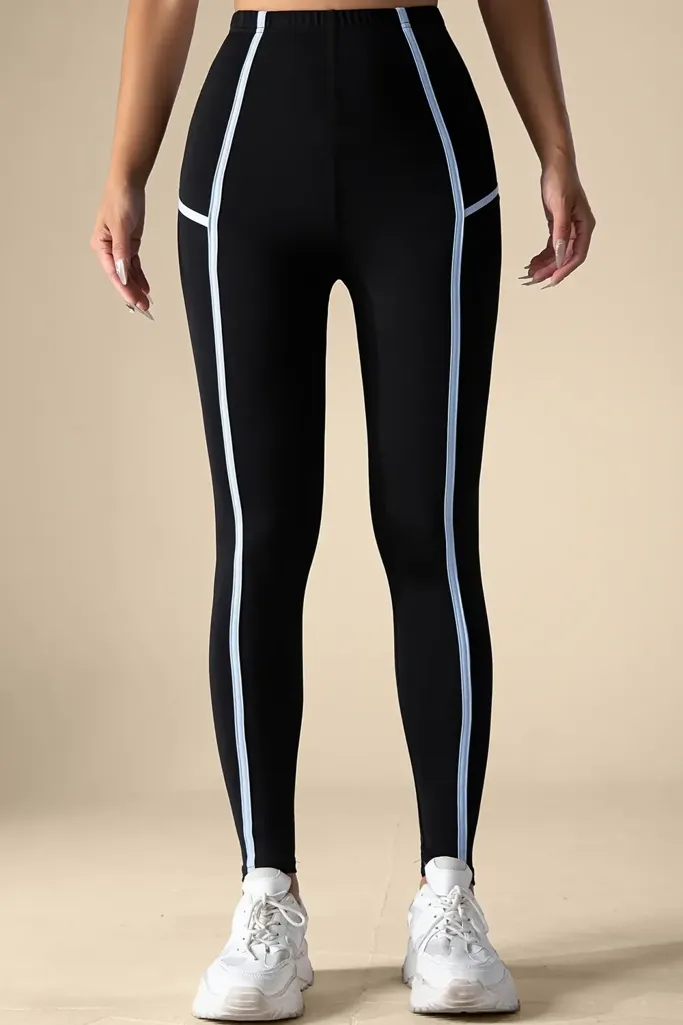 Black Striped High Rise Leggings - Image 1