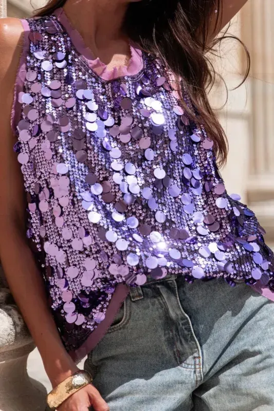 Purple Sequin Round Neck Top - Image 1