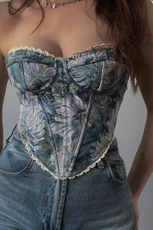 Dark Blue Sweetheart Neck Floral Corset Top