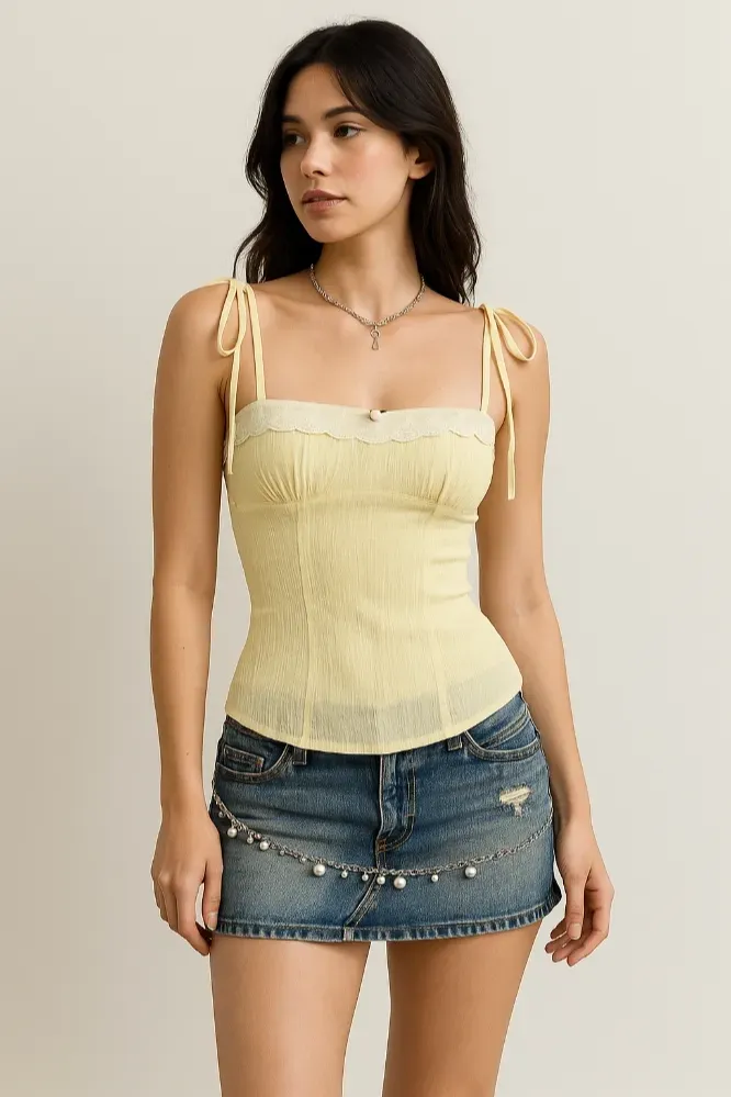 Light Yellow Sweetheart Fitted Top - Image 1