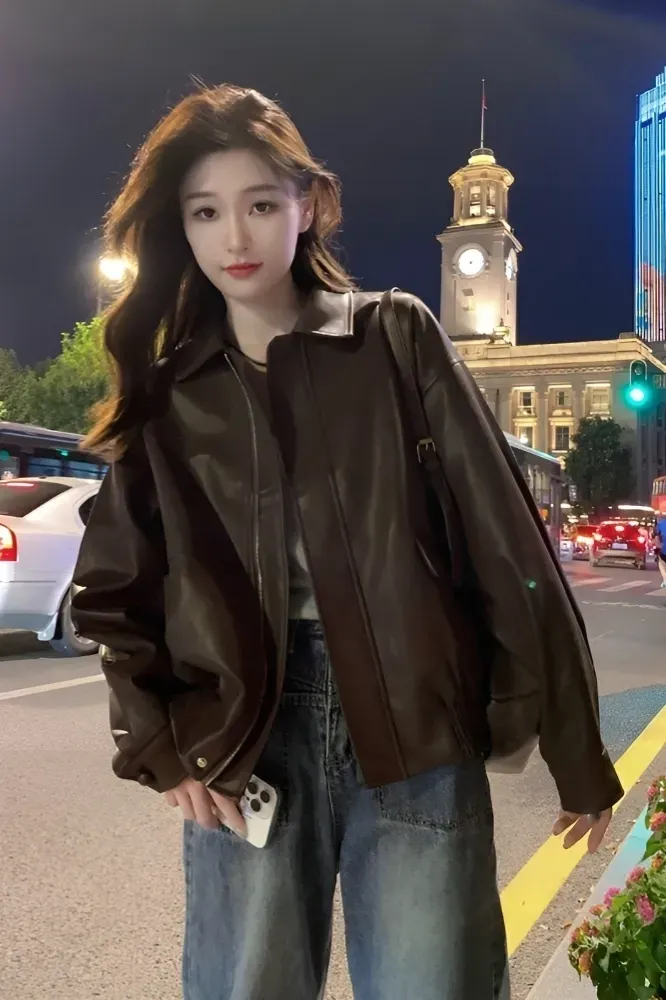 Brown Oversized Pu PU Bomber Jacket - Image 1