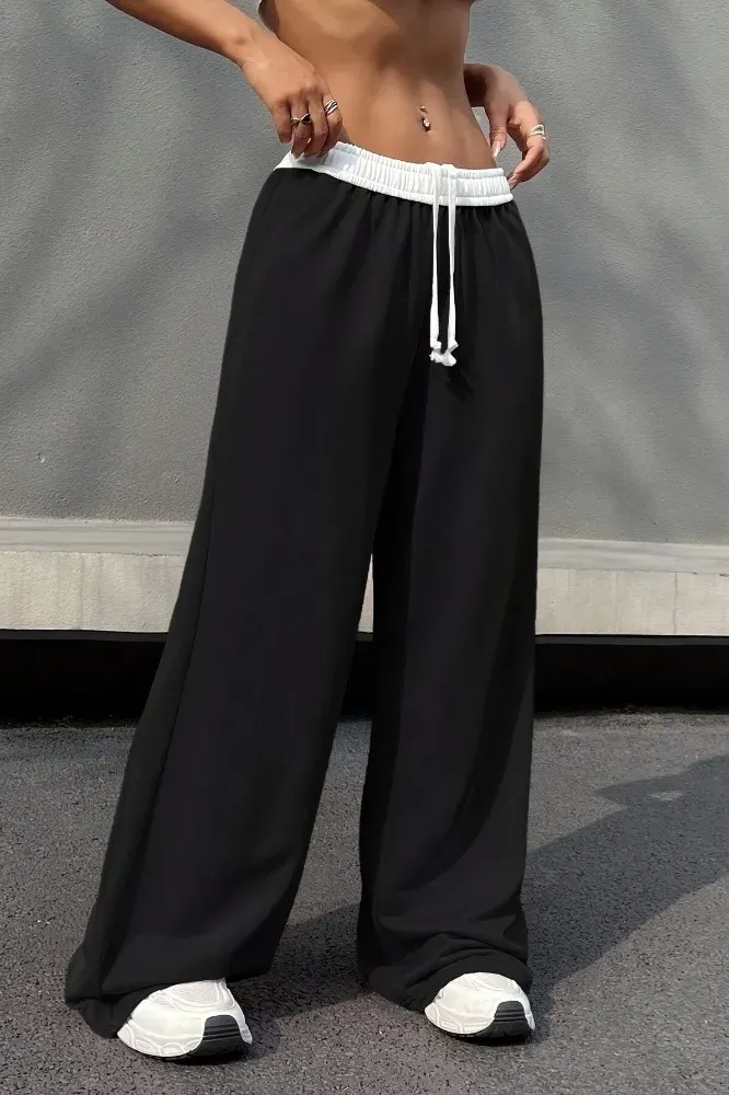 Black Mid Rise Tie-Up Trackpants - Image 1