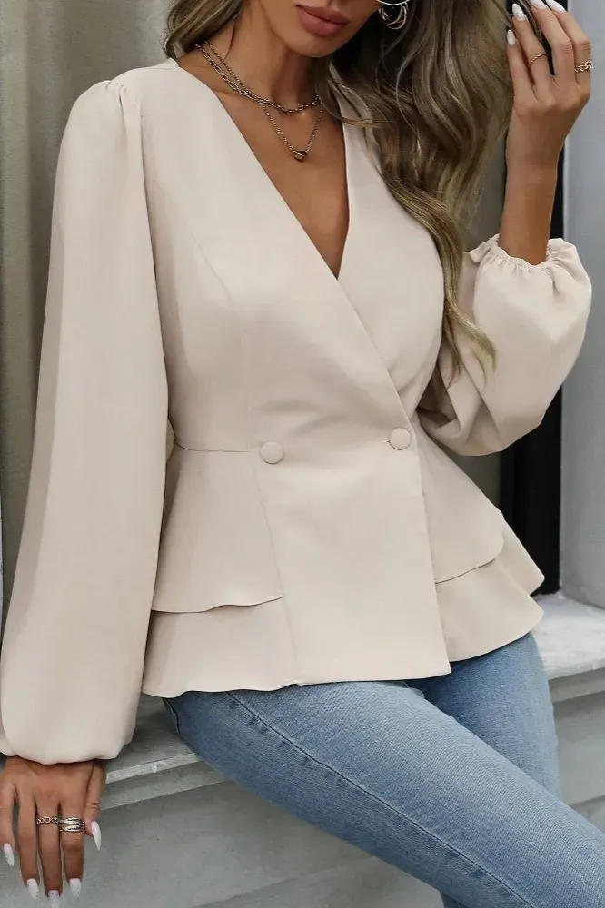 Cream Fitted V-Neck Blazer - Image 1