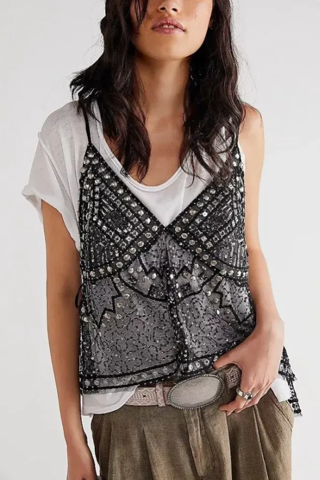 Black Embellished Jewel V-Neck Top - Image 1