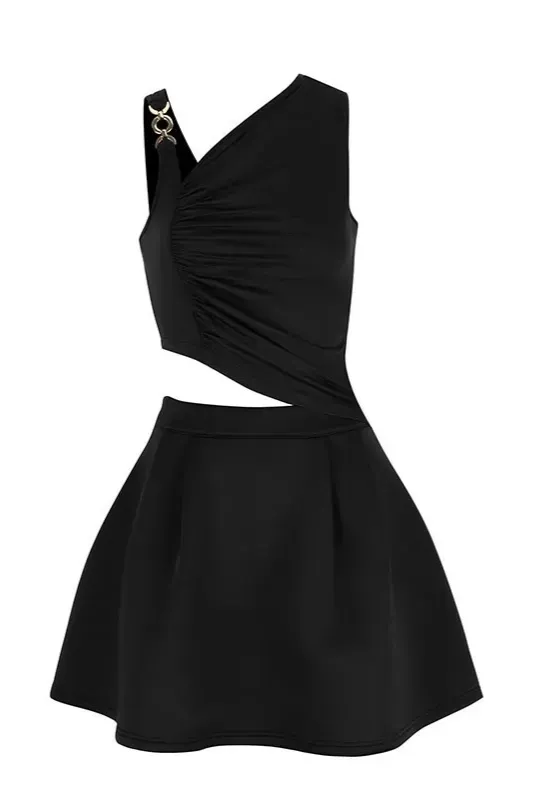 Black Solid One-Shoulder Crop Co-Ord Set - Image 1