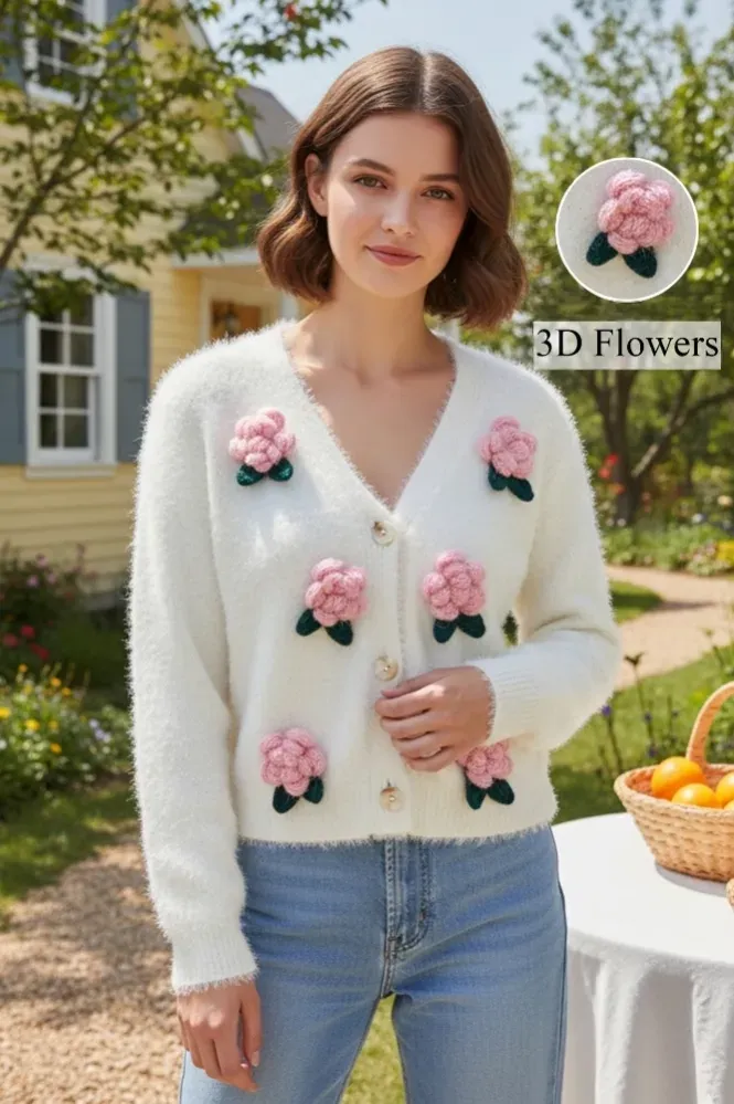 White Applique Button Down Cardigan - Image 1