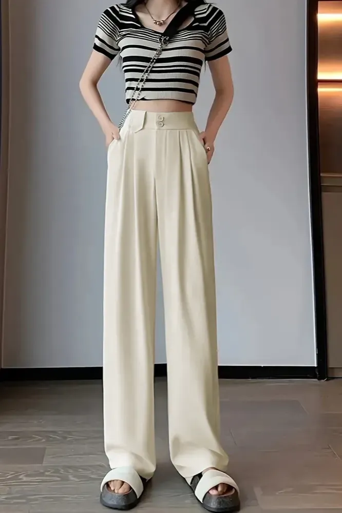 White High Rise Pleated Pants - Image 1