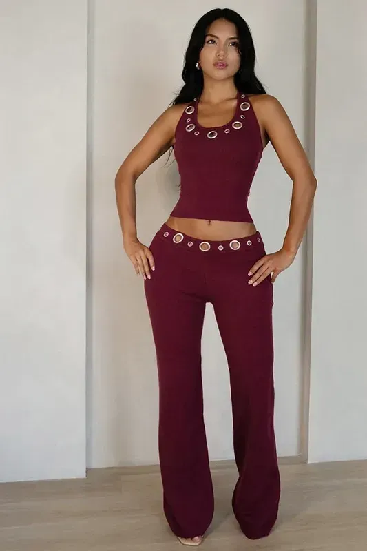 Wine Halter Neck Studded Co-Ord Set - Image 1