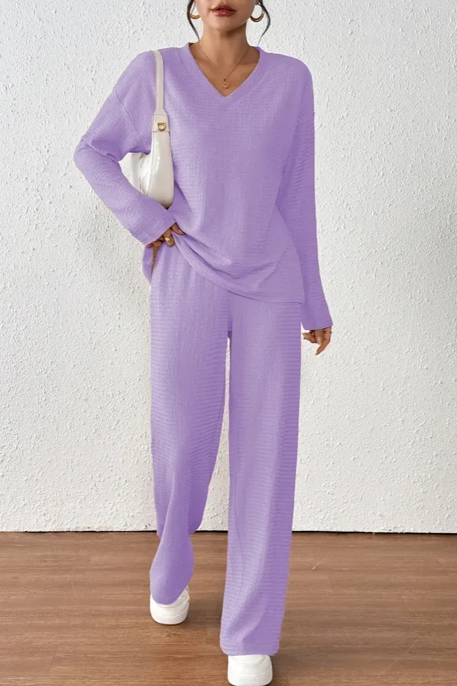 Lavender Solid V-Neck Co-Ord Set - Image 1