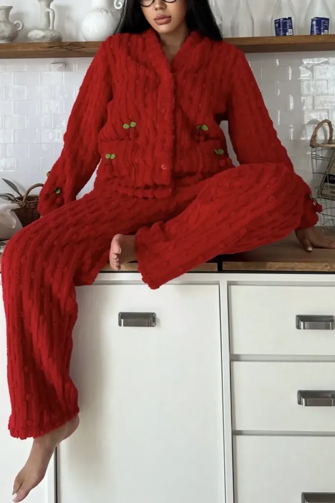 Red Textured Buttoned Co-Ord Set - Image 1