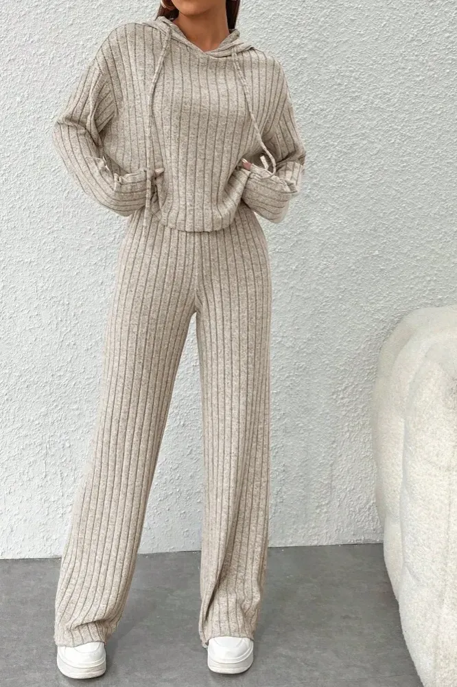 Beige Solid Hood Neck Co-Ord Set - Image 1