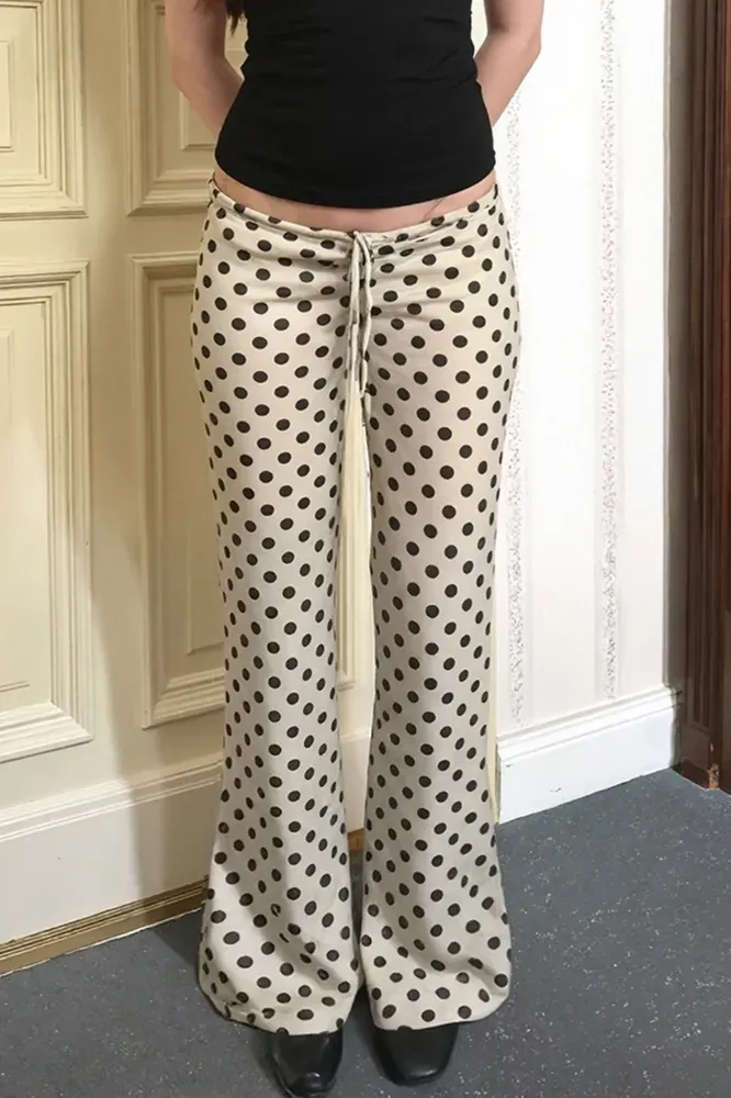 Beige Low Rise Polka Dot Bootcut Pants - Image 1