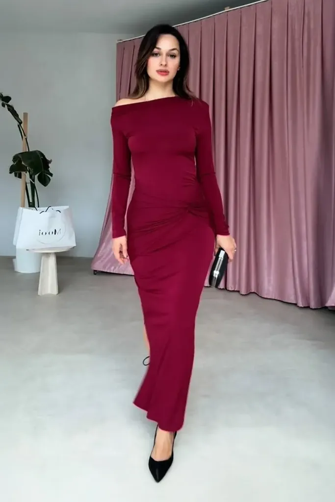 Wine Ruched Off-Shoulder Maxi Dress - Image 1