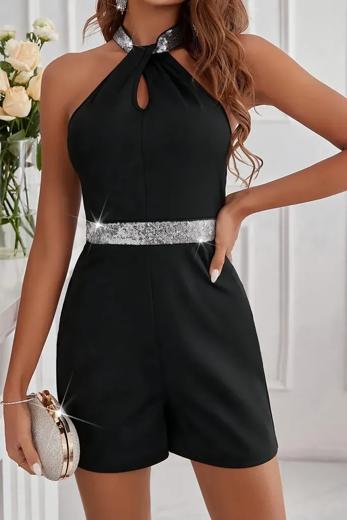 Black Halter Neck Keyhole Playsuit - Image 1