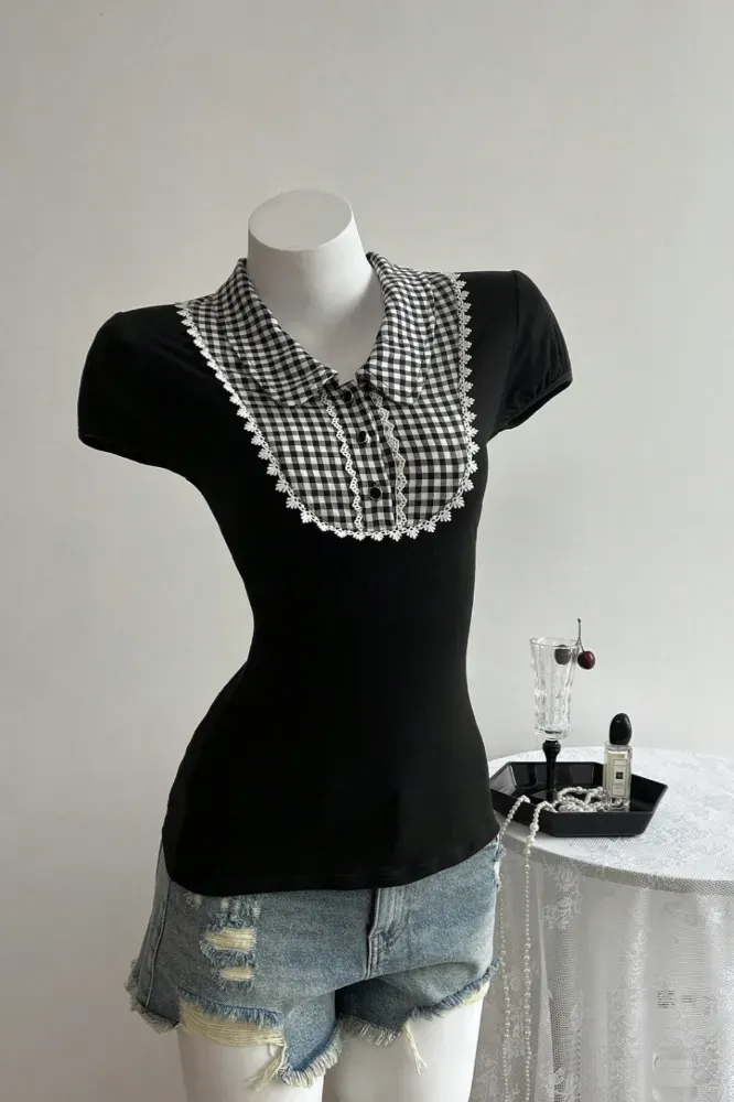Black Gingham Peter Pan Top