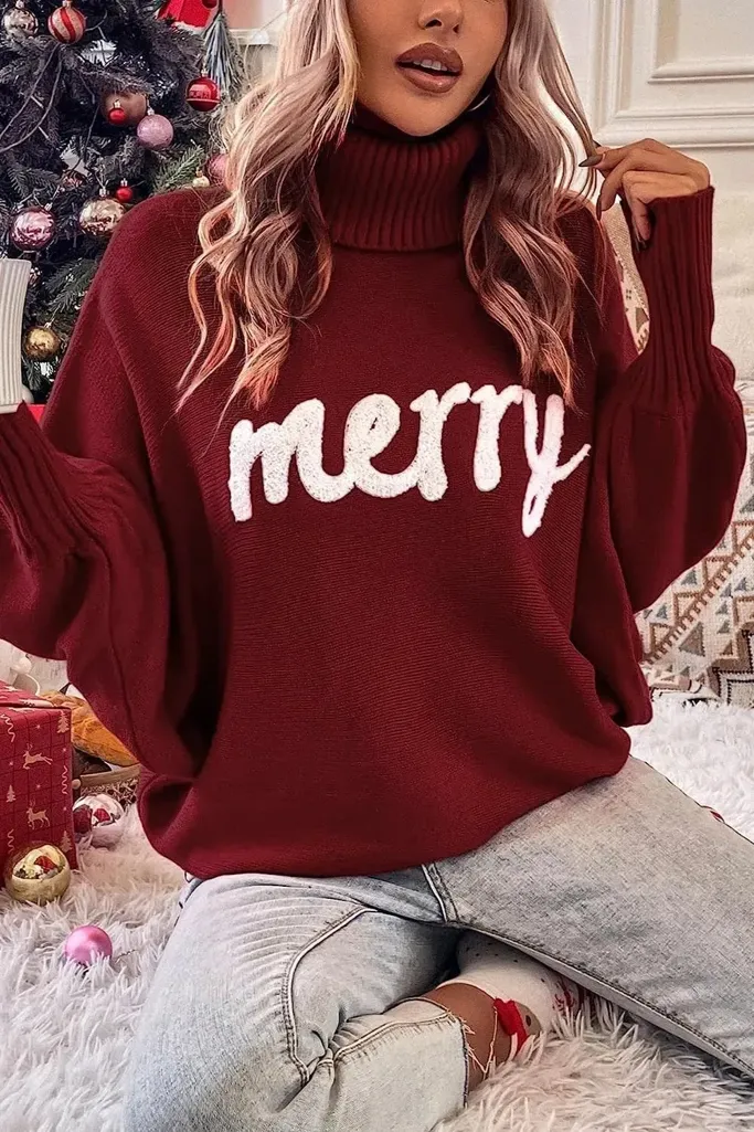 Wine Typography Turtle Neck Sweater - Image 1