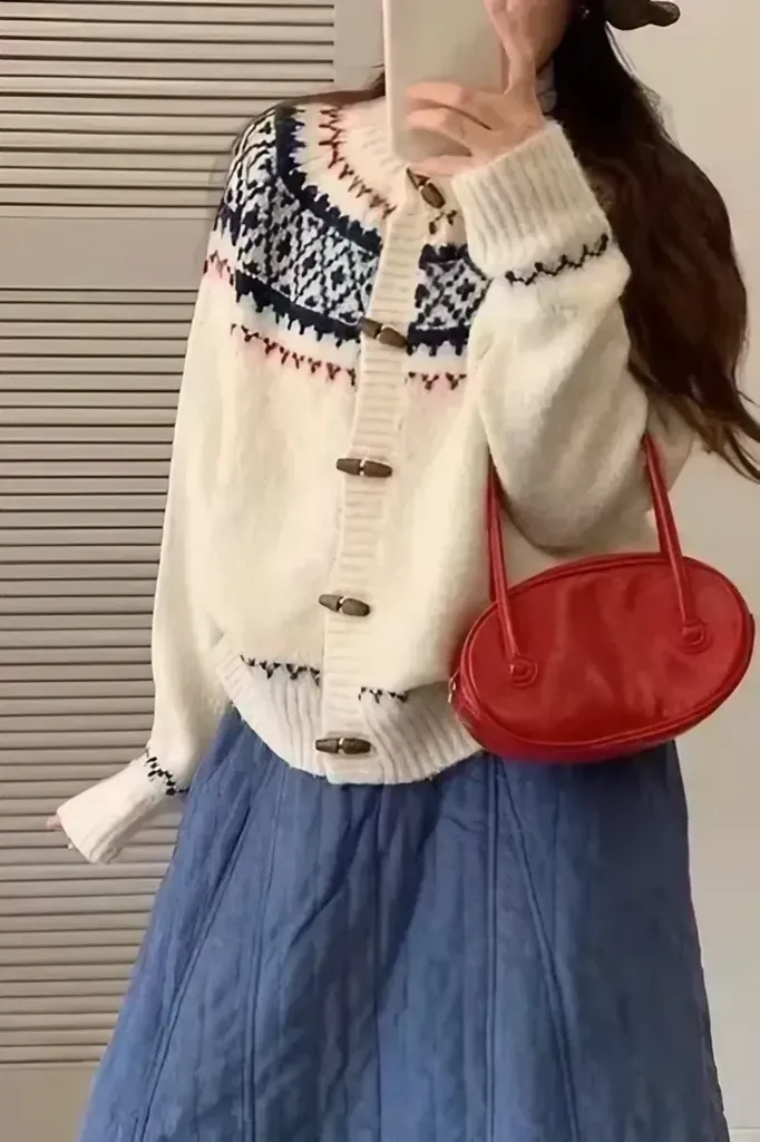White Geometric Button Down Cardigan - Image 1