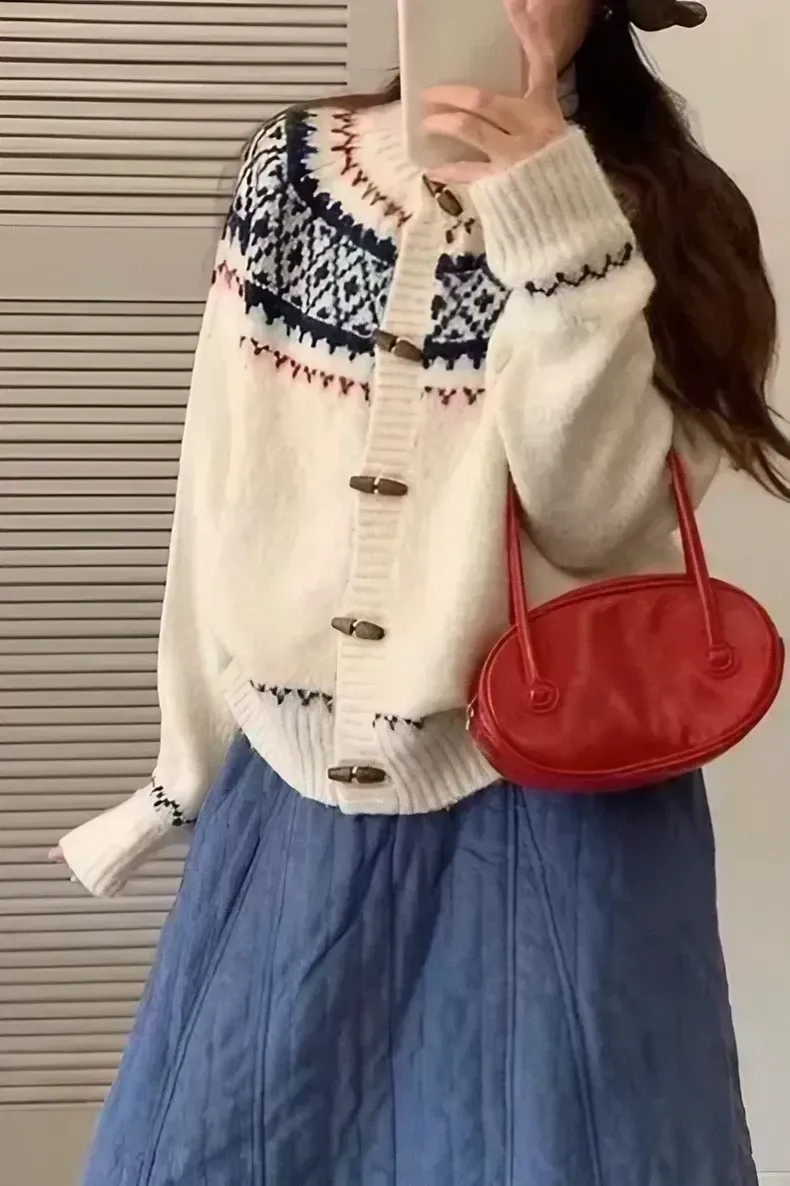 White Geometric Button Down Cardigan