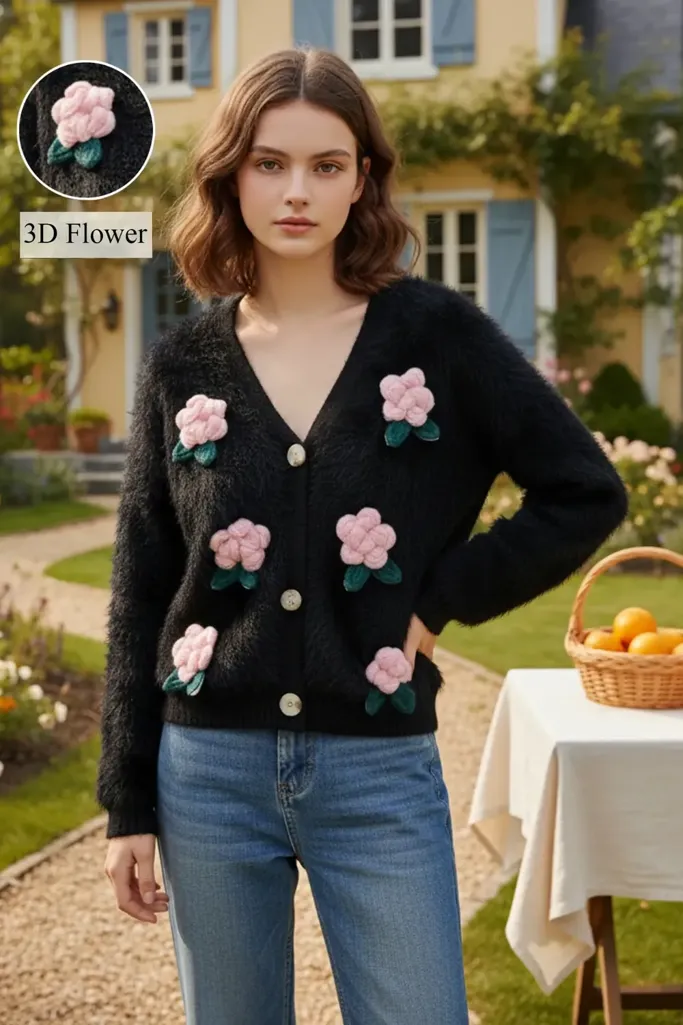 Black Applique Button Down Cardigan - Image 1