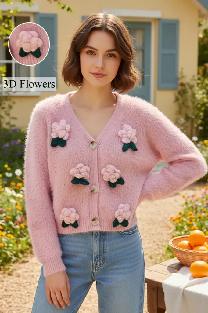 Pink Applique Button Down Cardigan - Image 1
