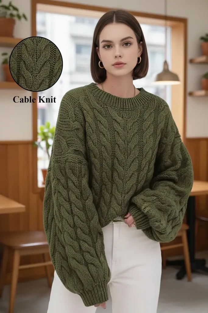 Olive Oversized Crew Neck Sweater - Image 1