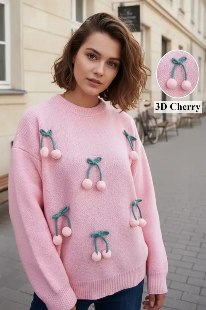 Pink Crew Neck Pom-Pom Sweater - Image 1