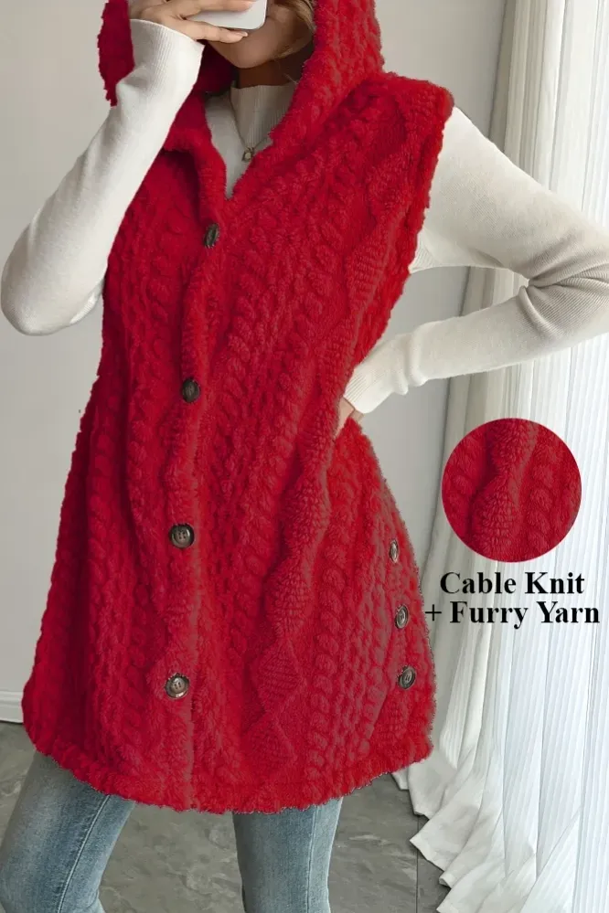 Red Buttoned Hood Neck Cardigan - Image 1