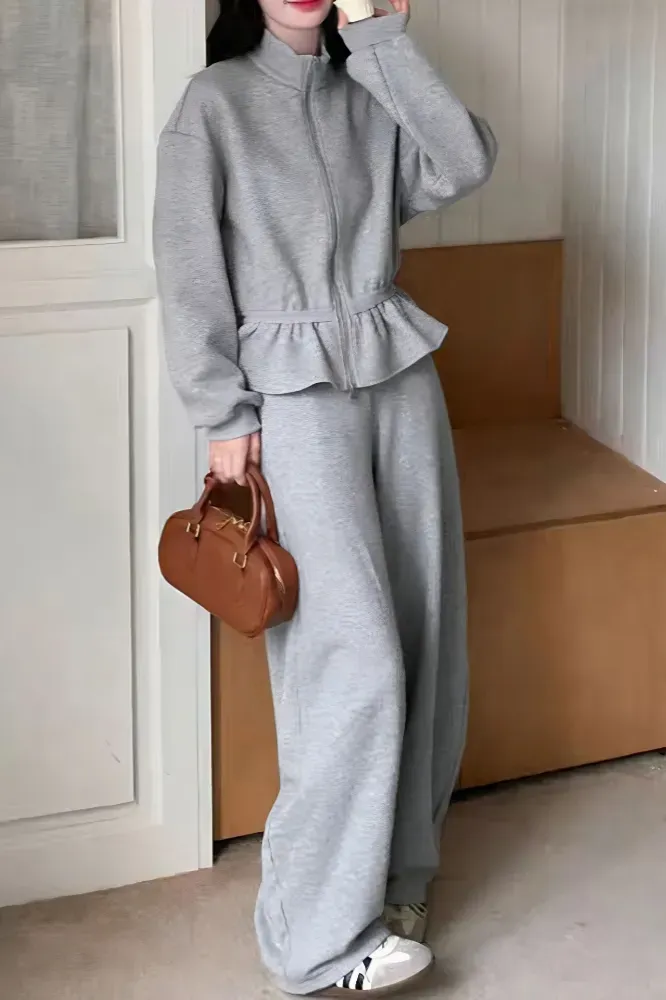 Grey Ruffle Zip Collar Co-Ord Set - Image 1