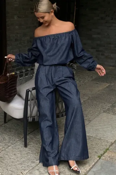 Dark Blue Denim Off-Shoulder Co-Ord Set - Image 1