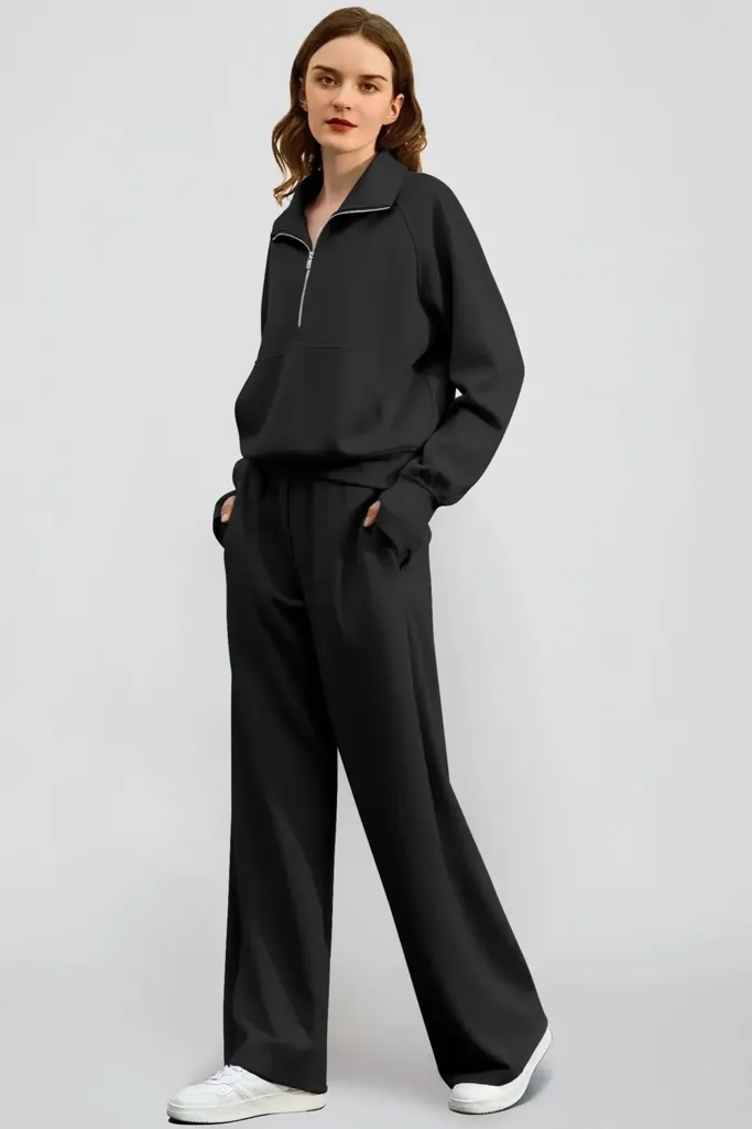 Black Solid Zip Collar Co-Ord Set - Image 1