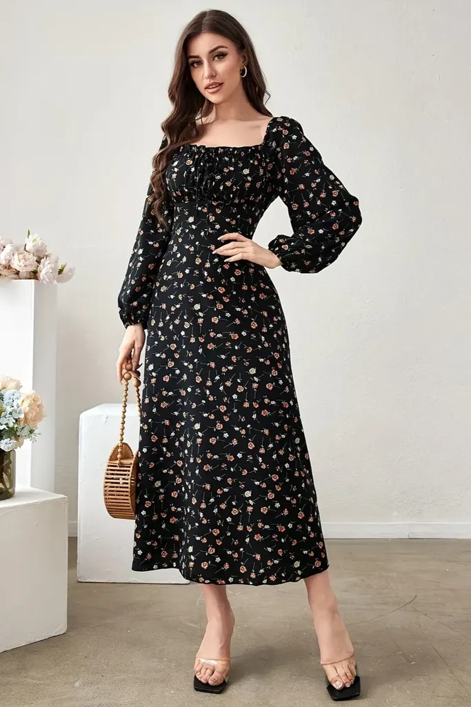 Black Floral Smocked Midi Dress - Image 1