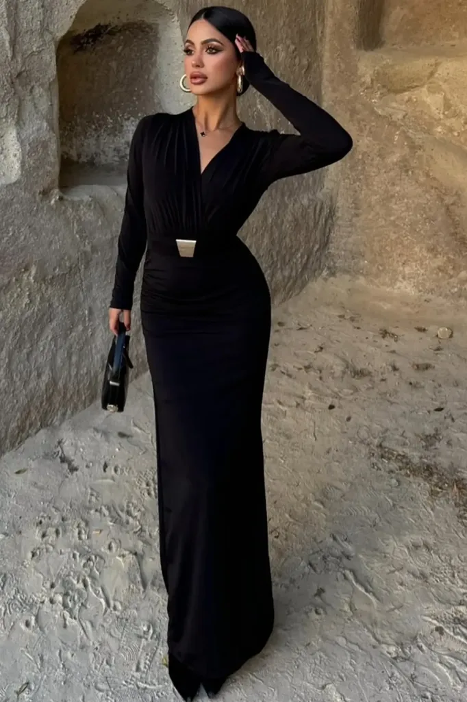 Black Ruched Belted Mermaid Dress - Image 1