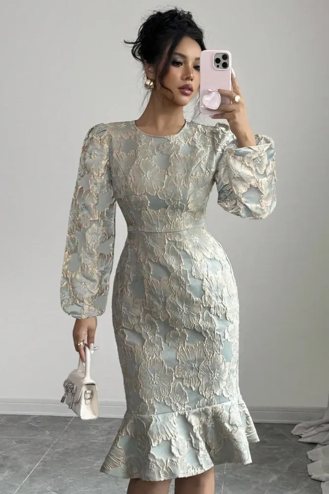 Light Blue Floral Trumpet Midi Dress