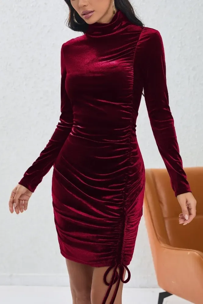 Wine Ruched Bodycon Mini Dress - Image 1