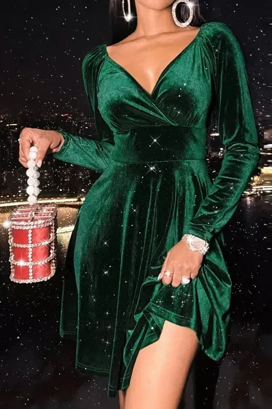 Dark Green Wrap V-Neck Mini Dress - Image 1