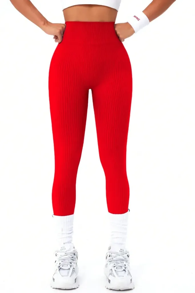 Red Solid High Rise Leggings - Image 1