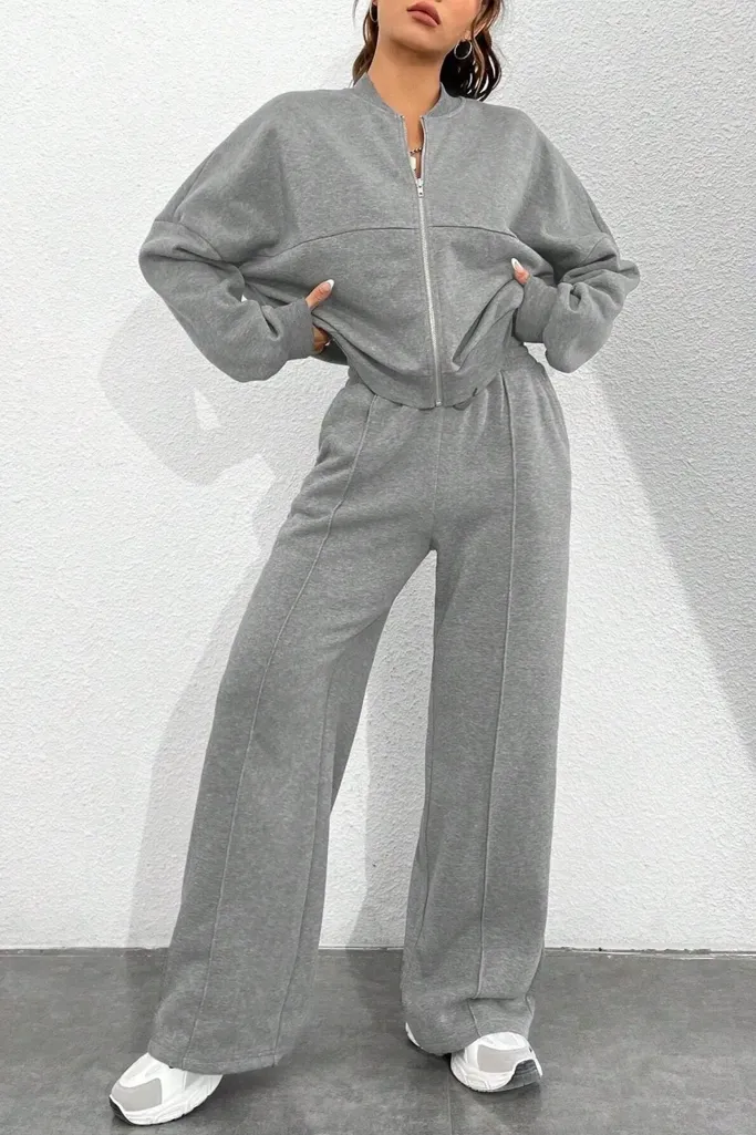 Grey Solid Zip Collar Co-Ord Set - Image 1