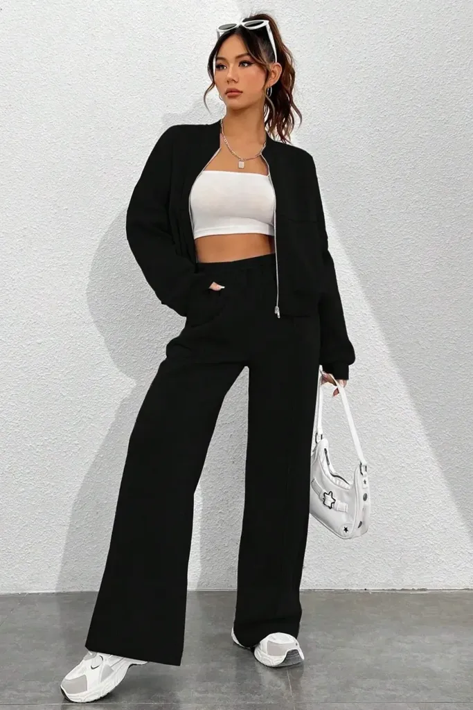 Black Solid Zip Collar Co-Ord Set - Image 1