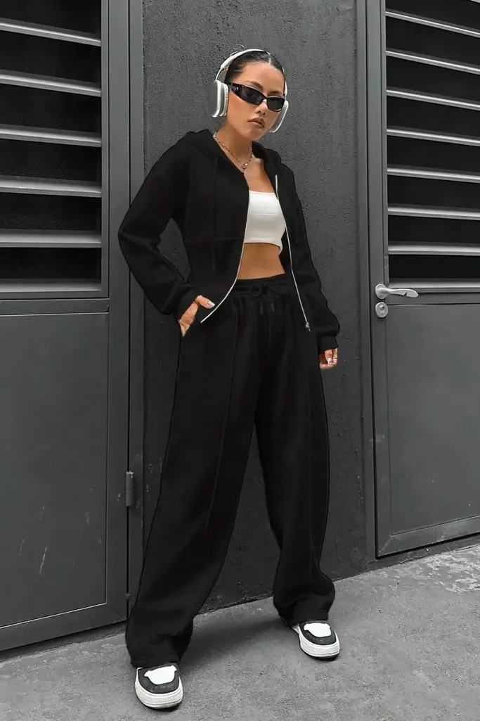 Black Solid Hooded Co-Ord Set - Image 1
