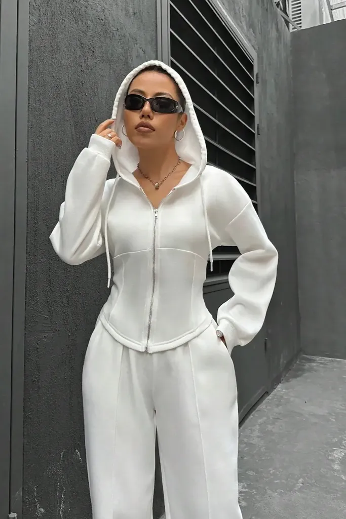 White Hooded Crop Co-Ord Set - Image 1