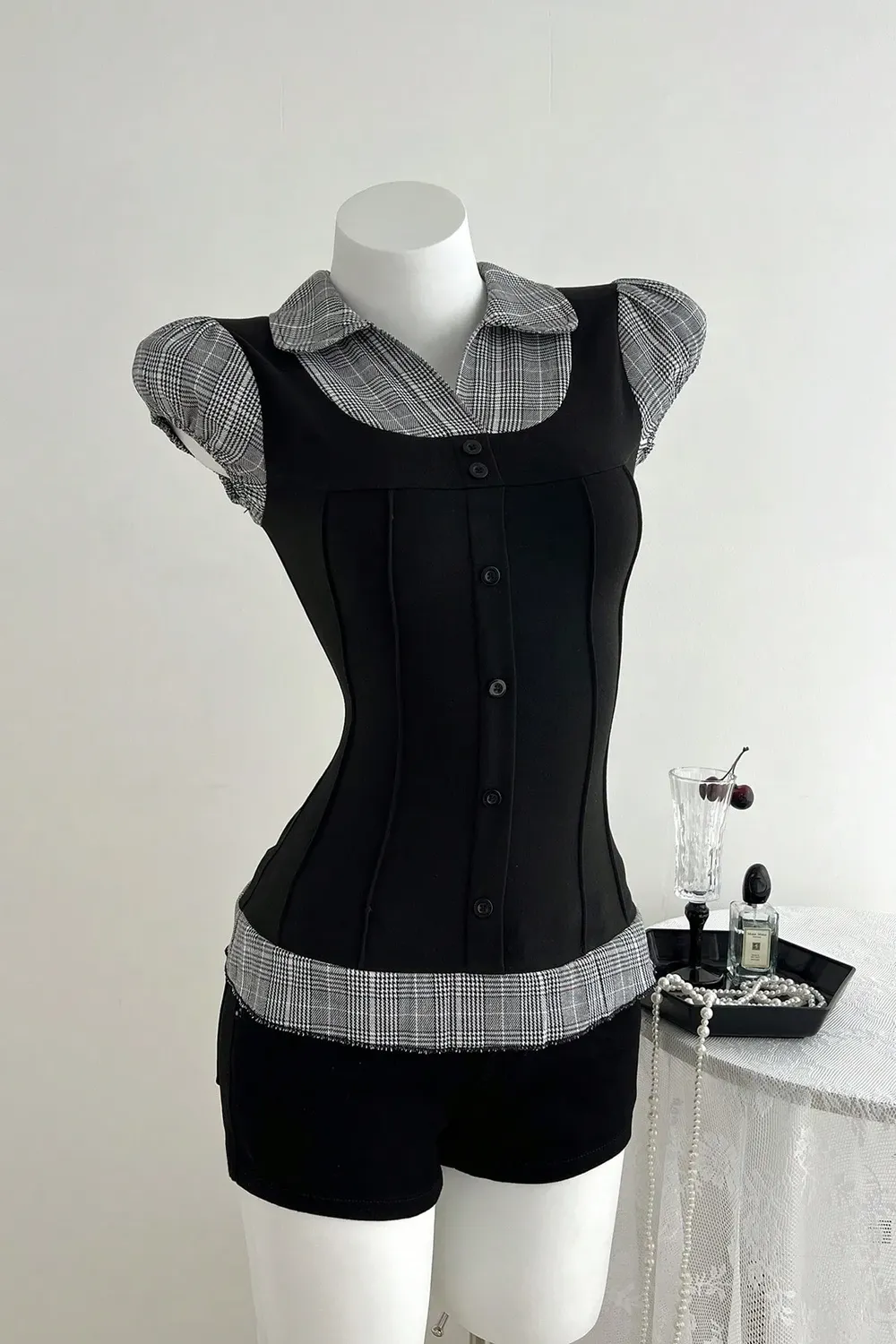 Black Plaid Fitted Buttoned Top