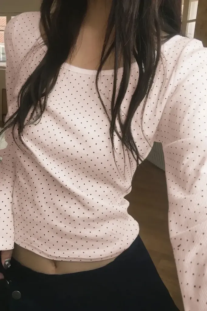 Light Pink Fitted Polka Dot T-Shirt - Image 1