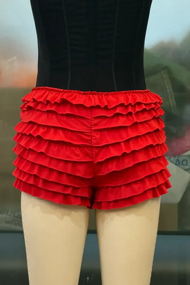 Red Pink Mid-Rise Ruffle Shorts - NEWME