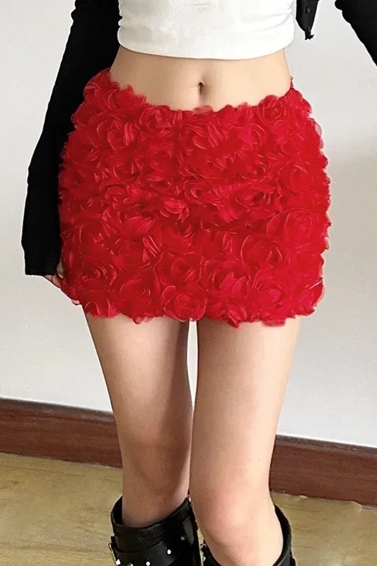 Red Solid Ruffled Mini Skirt