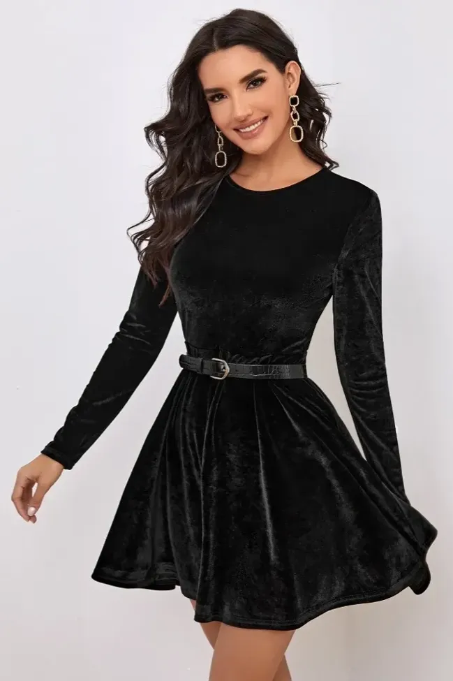 Black Solid Fit And Flare Mini Dress - NEWME