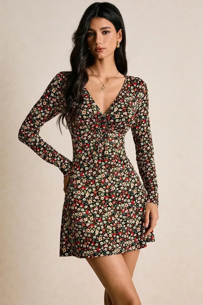 Black Floral V-Neck Mini Dress - Image 1