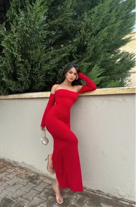 Red Ruched Off-Shoulder Maxi Dress - Image 1