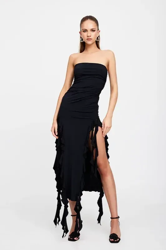 Black Ruffled Tube Neck Midi Dress - Image 1
