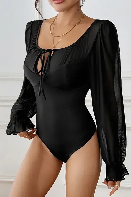 Black Tie-Up Scoop Neck Bodysuit - Image 1