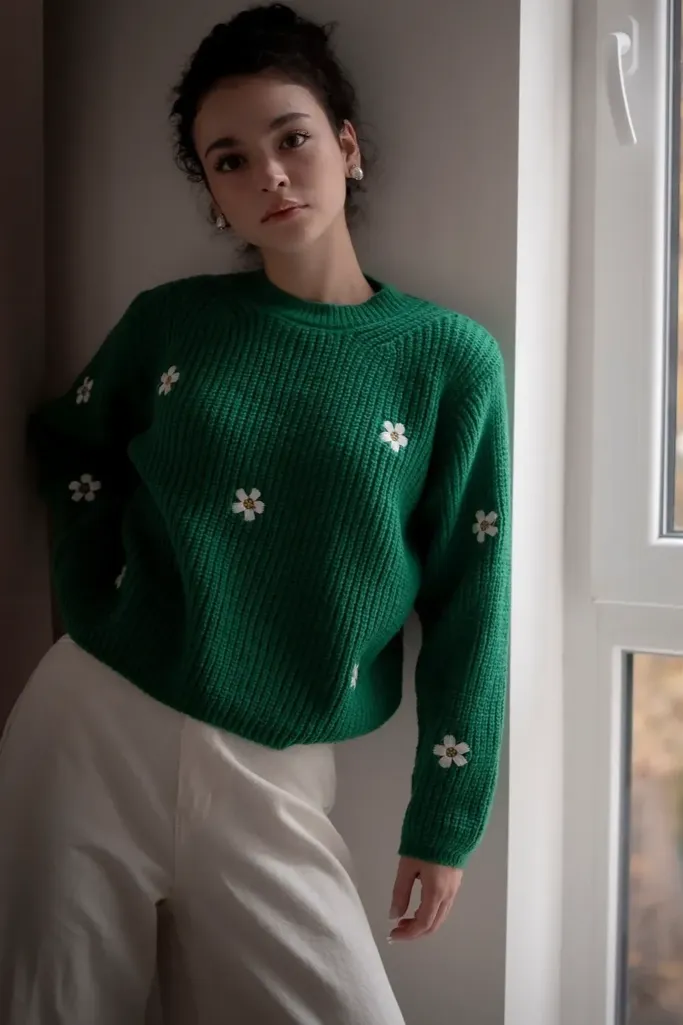 Green Floral Crewneck Sweater - Image 1